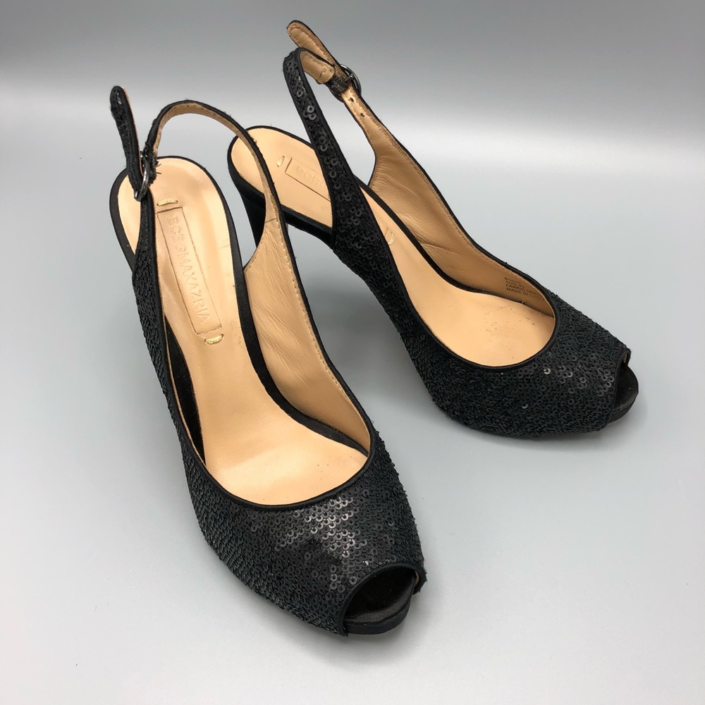 BCBG Maxazria Black Sequin Formal Sandals.